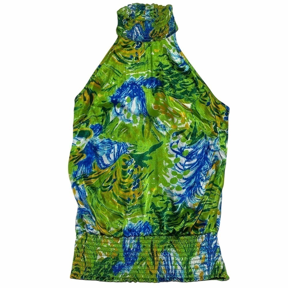 COTTON Express Green Blue Floral Print Open Back Halter Sleeveless Blouse - Picture 6 of 11
